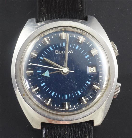 A gentlemans early 1970s stainless steel Bulova alarm wrist watch,